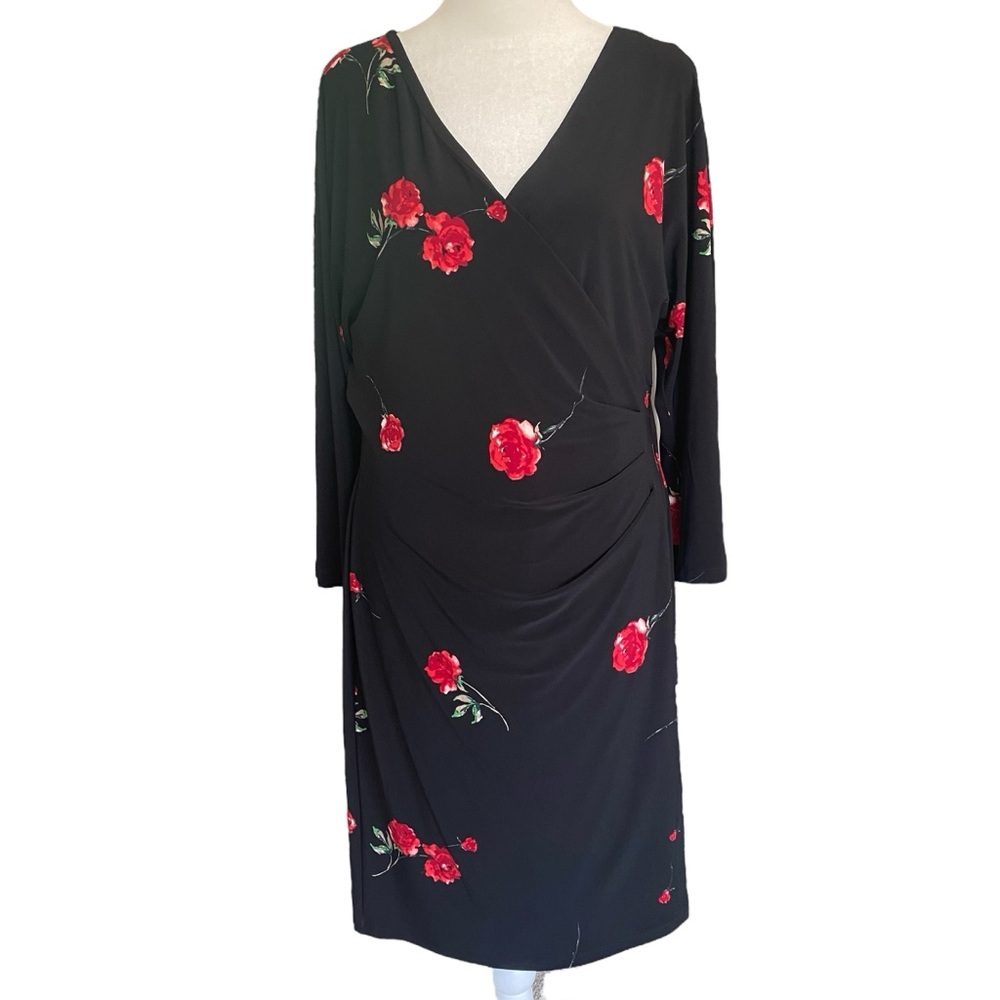 Lauren Ralph Lauren Red Rose Black Faux Wrap Dress